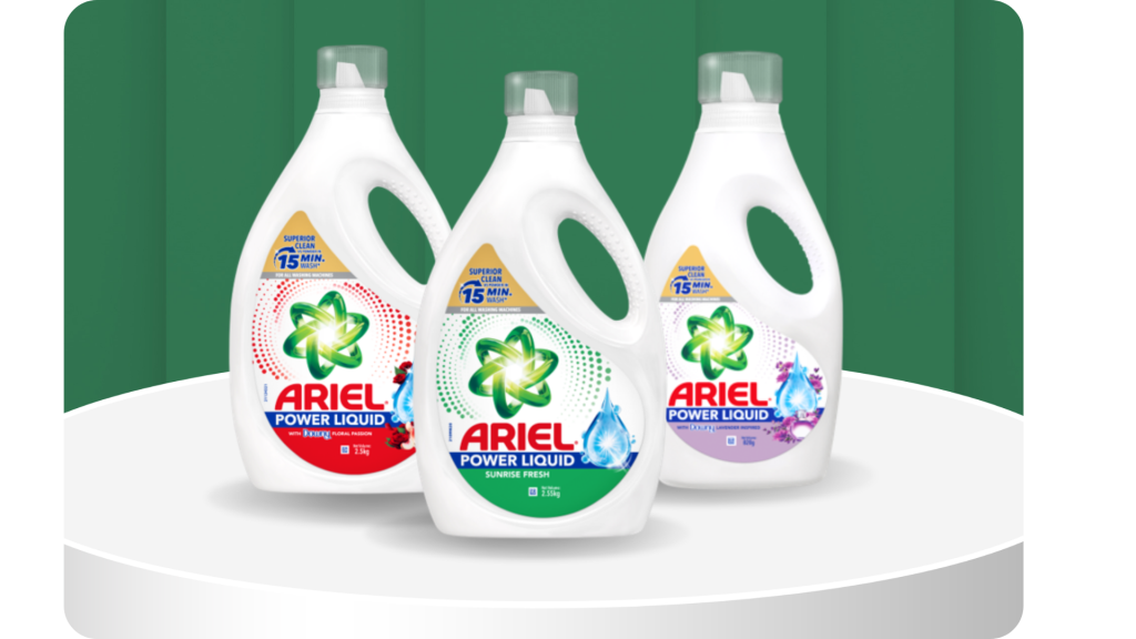 Ariel Power Liquid detergent bottles in Passion, Sunrise Fresh and Lavender scents
