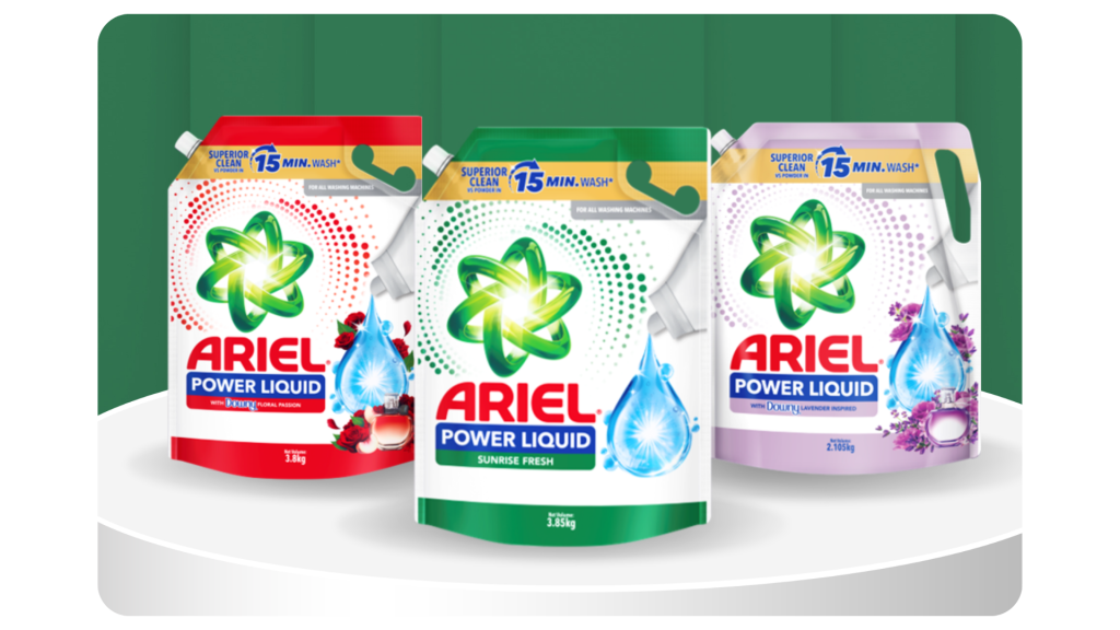 Ariel Power Liquid refill pouches in Passion, Sunrise Fresh and Lavender scents