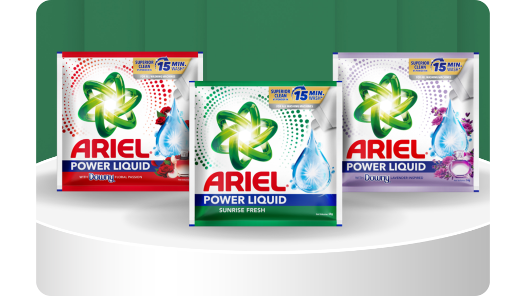 Ariel Power Liquid twinpack sachets in Passion, Sunrise Fresh and Lavender scents