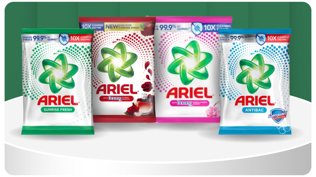 Ariel powder detergent bags: Sunrise Fresh, with Downy Floral Passion, with Downy Garden Bloom, and Antibac
