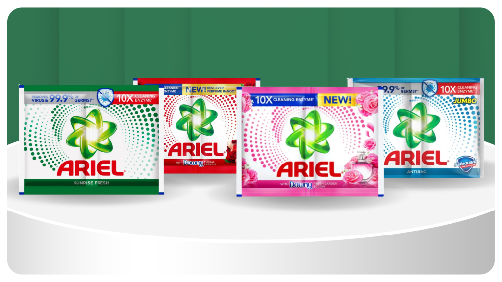 Ariel powder detergent sachets: Sunrise Fresh, with Downy, and Antibac
