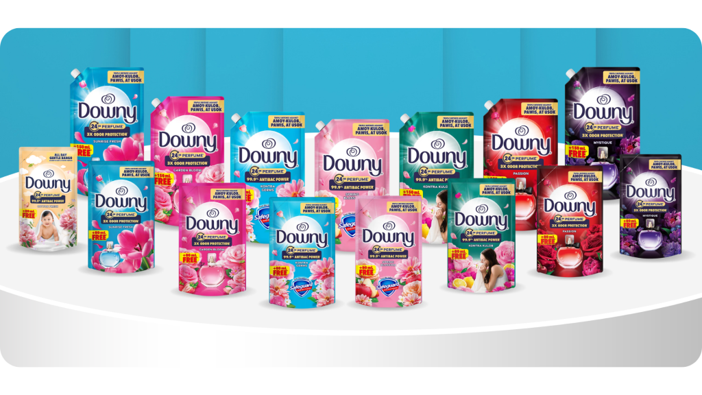 Downy fabric conditioner refill pouches in assorted scents including Antibac and Kontra Kulob