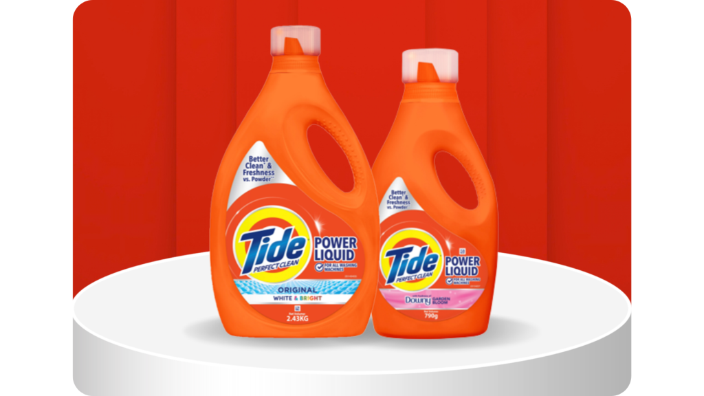 Tide Power Liquid detergent bottles in Original White and Bright and with Downy